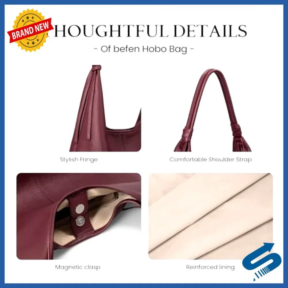 Genuine Leather Slouchy Hobo Tote Shoulder Bag with Tassel Ribbon Chic Boho